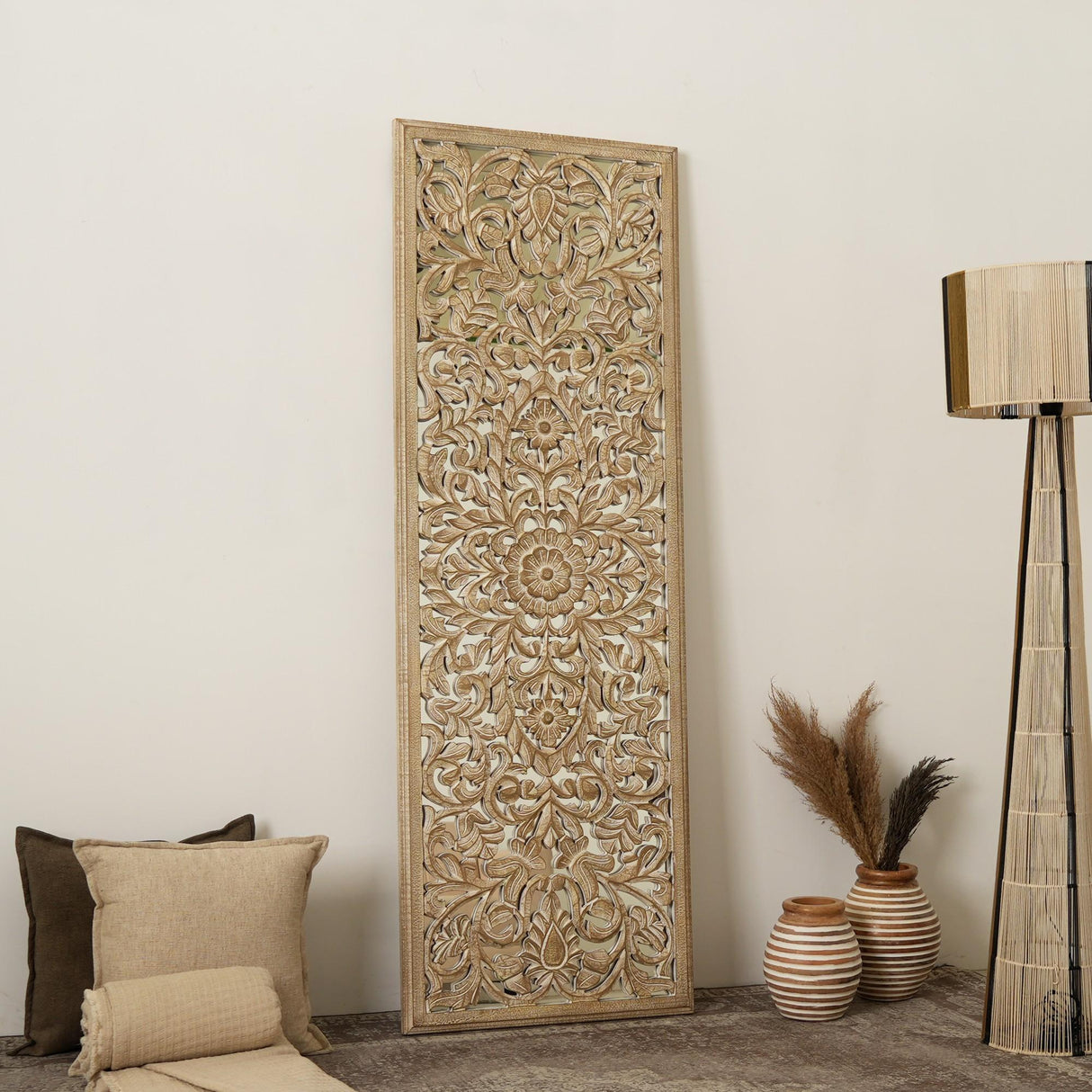 Hand-Carved 71” Wooden Wall Panel with Mandala Design