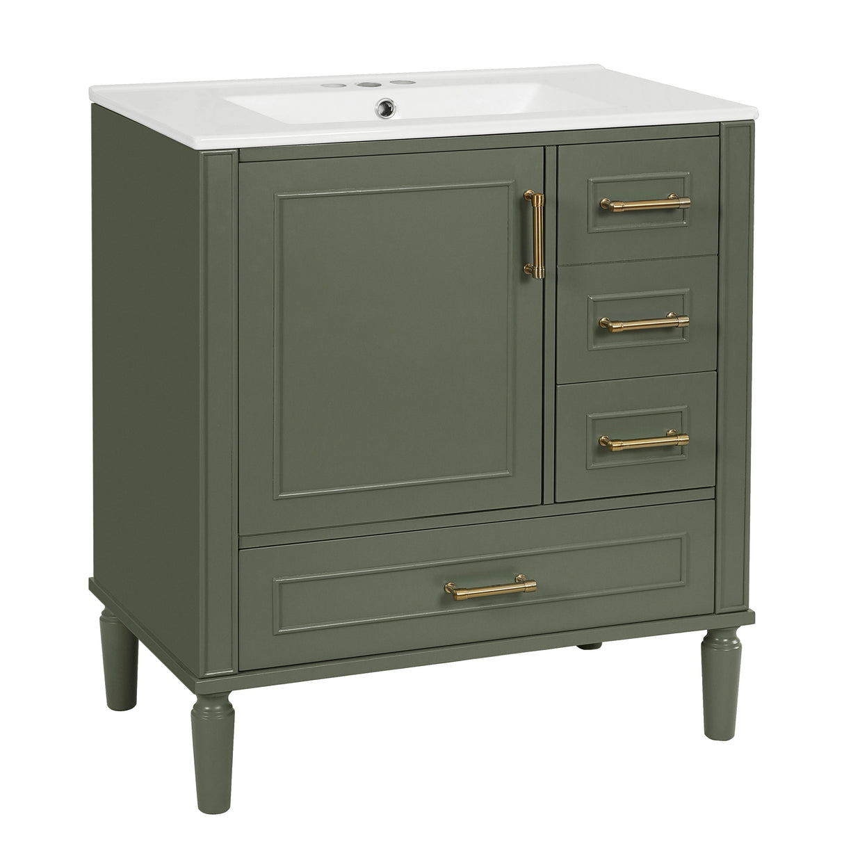 Elegant Olive Green 30' Bathroom Vanity with Ceramic Sink and Ample Storage, Solid Wood and MDF Construction