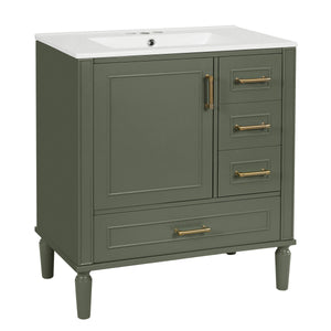 Elegant Olive Green 30' Bathroom Vanity with Ceramic Sink and Ample Storage, Solid Wood and MDF Construction