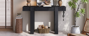 TREXM Rustic Minimalist Console Table with Hidden Drawer, Side Power Outlet
