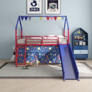 Jack - House Loft Bed With Slide And Curtain Set