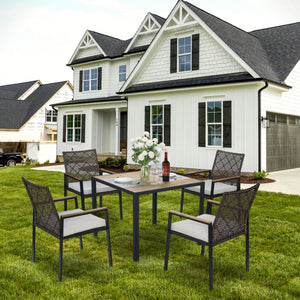5 Piece Patio Dining Table Set, Acacia Wood Table Top With Umbrella Hole