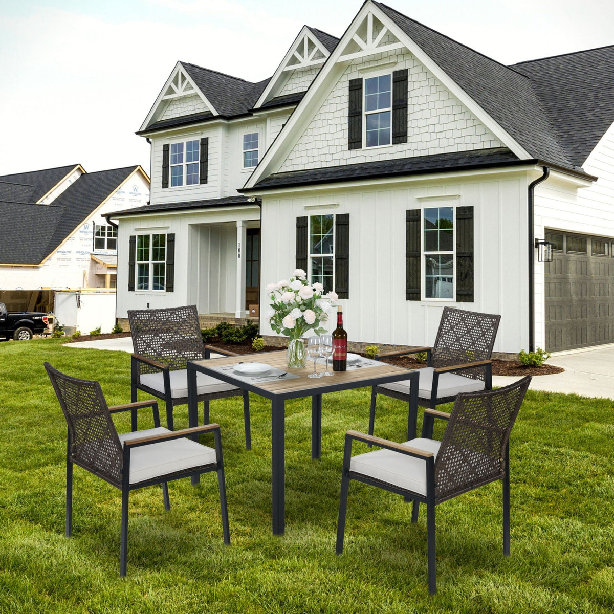 5 Piece Patio Dining Table Set, Acacia Wood Table Top With Umbrella Hole