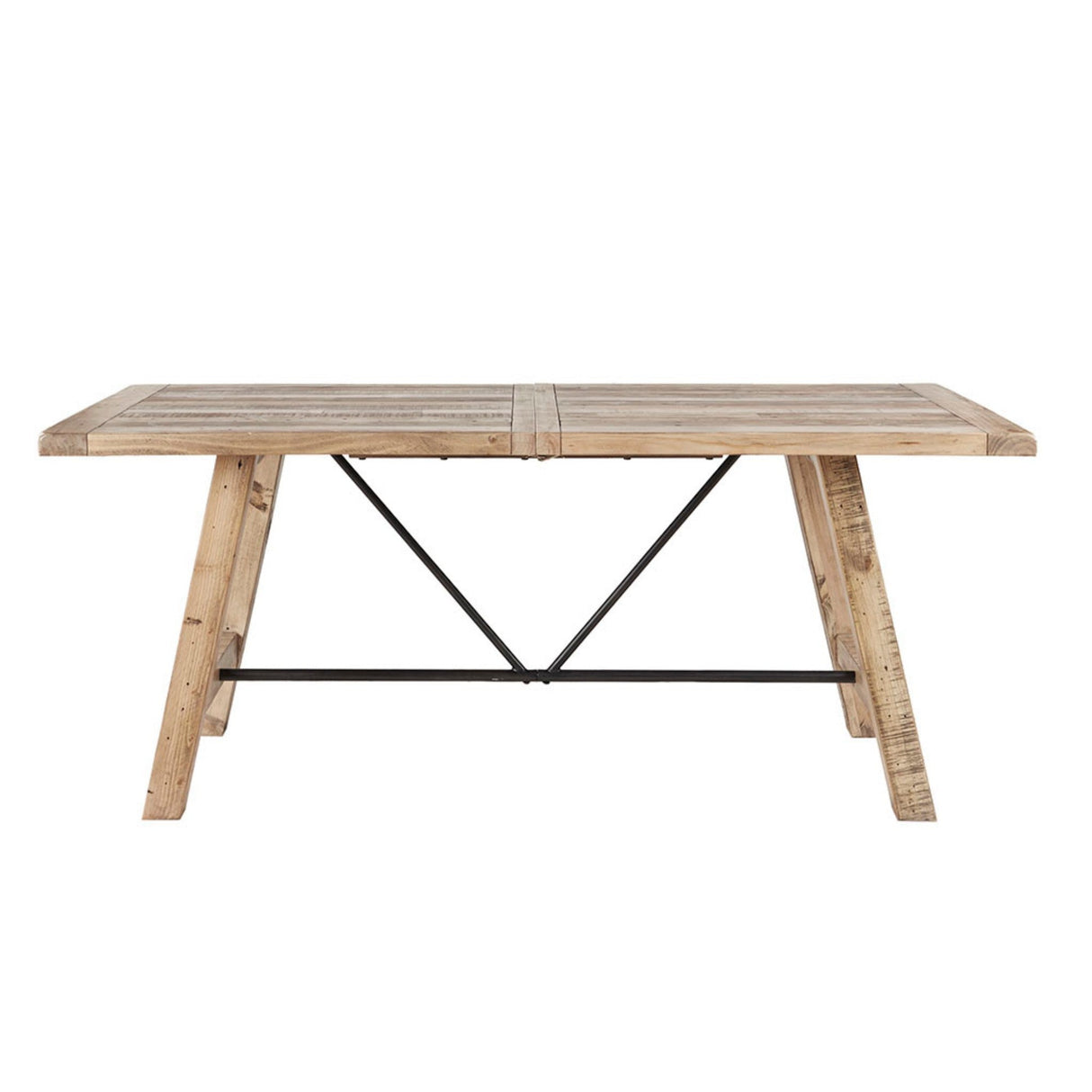Rustic Dining Table with Metal Support in Natural Pine Wood Finish