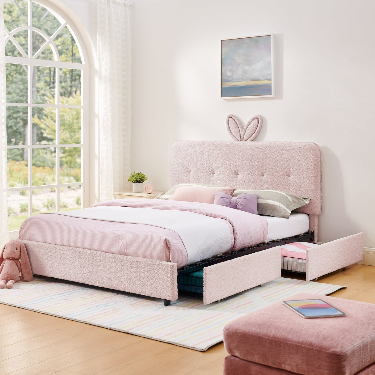Queen Size Kids Upholstered Bed with Oversized Rabbit Ear Headboard, LED Light & 4 Storage Drawers, Boucle Fabric (84.5''X62.75''X41'')