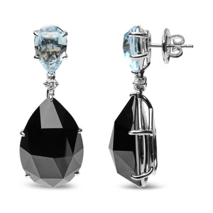 18K White Gold 1/5 Cttw Diamond with Pear Cut Sky Blue Topaz and Pear-Cut Black Onyx Gemstone Dangle Earring (G-H Color, SI1-SI2 Clarity)