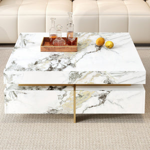 Modern Square Marble Textured Coffee Table with 4 Drawers