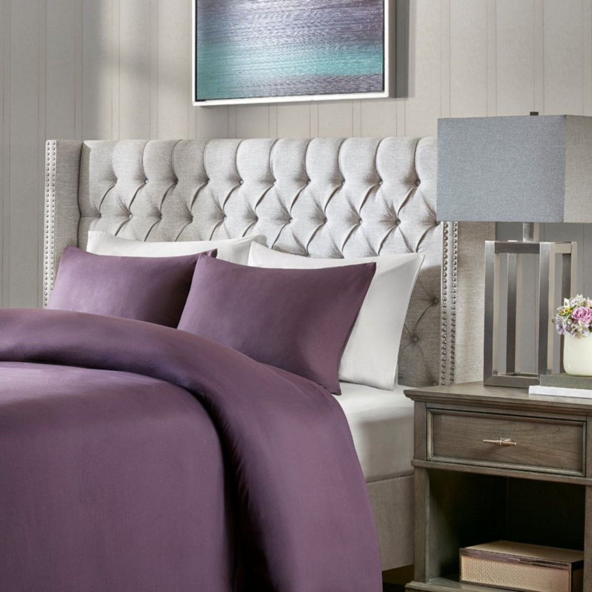 Transitional Upholstery Headboard With Tufted Buttons And Nailhead Trim
