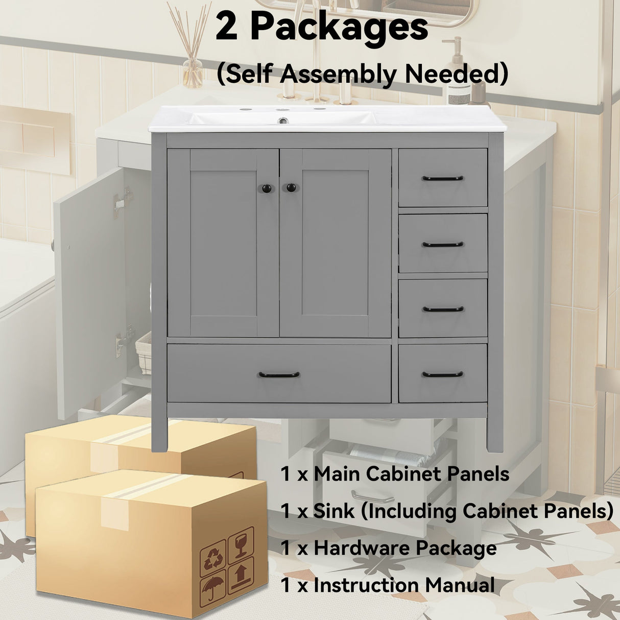 36" Gray Bathroom Vanity with Ceramic Sink Combo