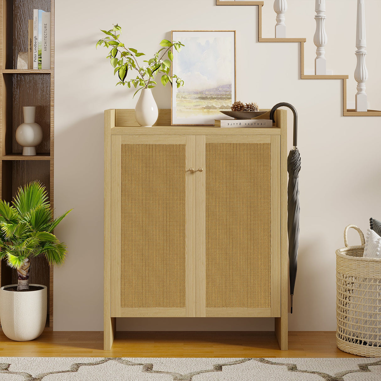 42.5" Tall Rattan Shoe Cabinet with Doors