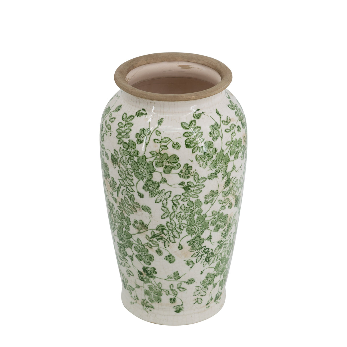 6.5x6.5x11.6' White Ceramic Flower Vase with Green Floral Pattern