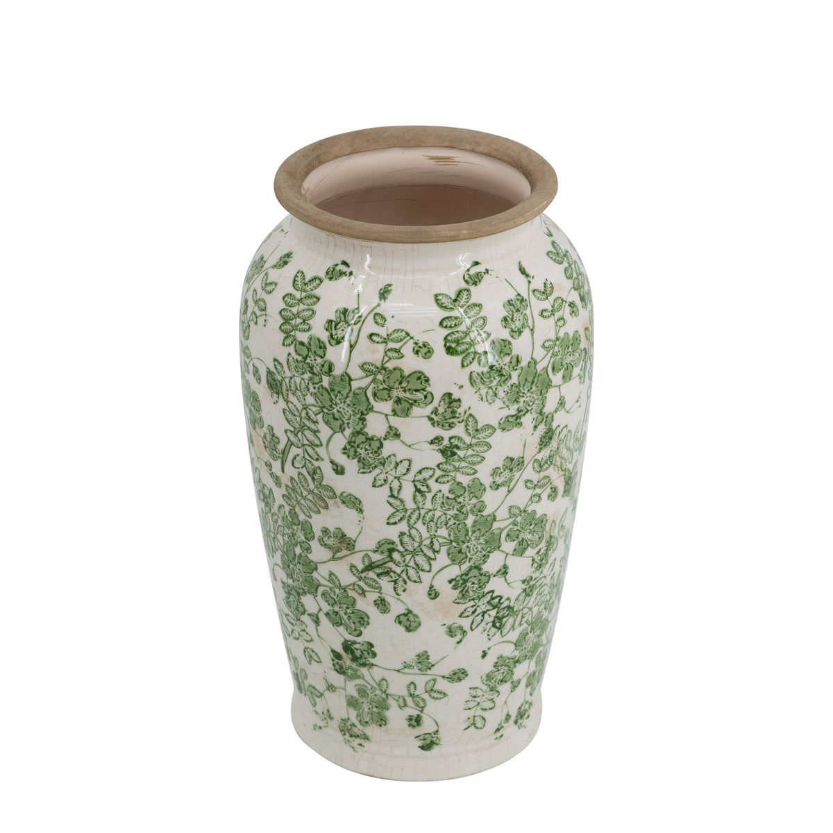 White Ceramic Flower Vase with Green Floral Pattern - 11.6" Tall