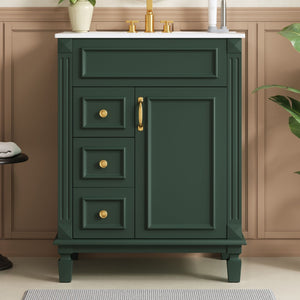 Compact Bathroom Vanity with Ceramic Sink and Storage Drawers - White, Green, Black