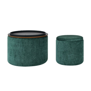 Classic Style 2-Piece Round Chenille Storage Ottoman Set with Drum Shaped Stool