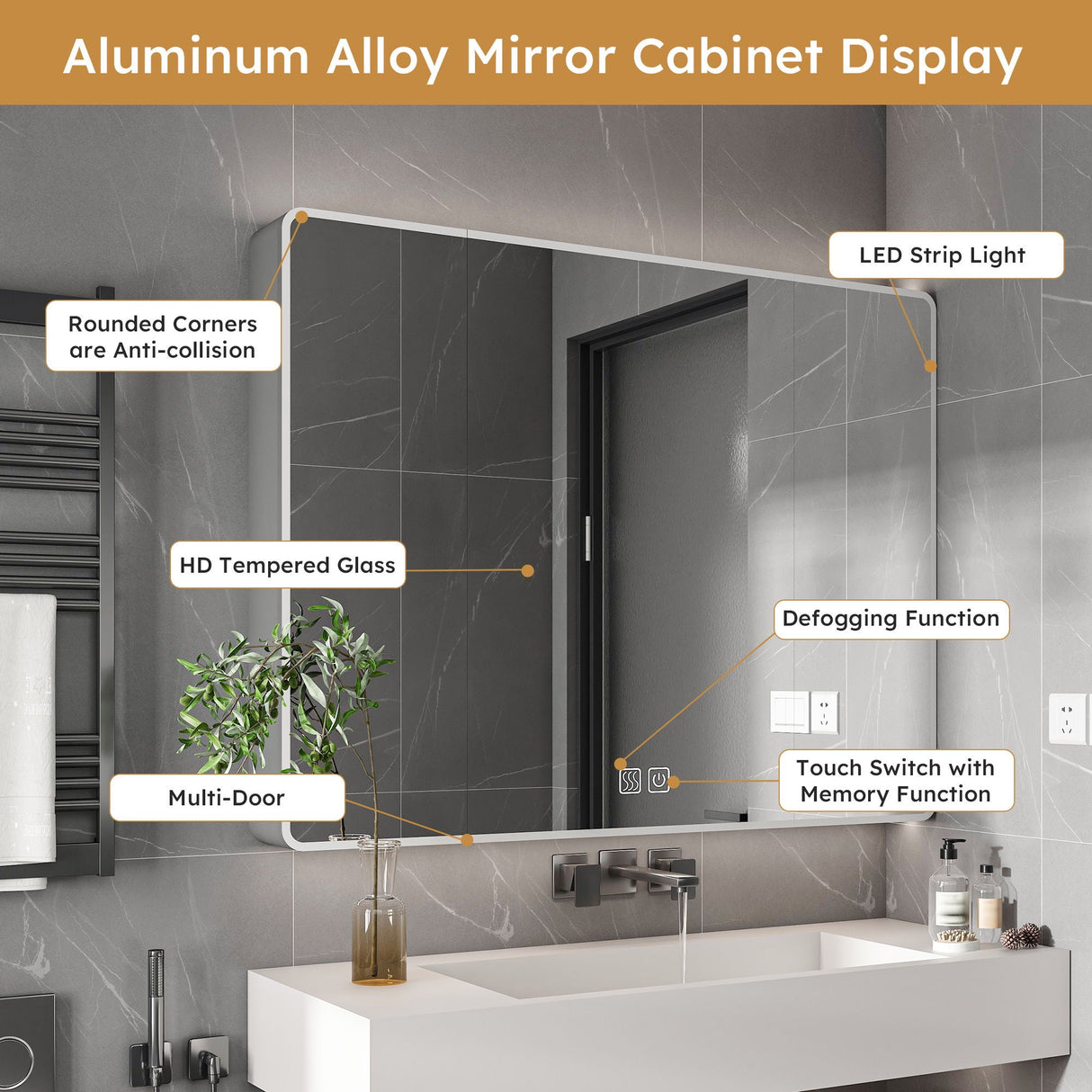 Aluminium Medicine Cabinet Mirror With LED Light And Defogging Function - Gray