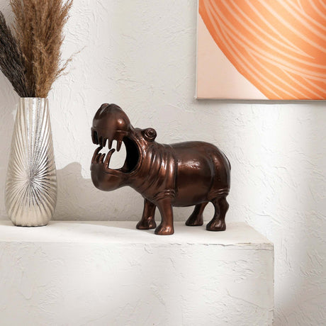 Decorative-Happy-Hippo-Aluminum-Figurine-with-Copper-Antique-Finish,-14x7x11.5'--Unique-Animal-Sculpture-
