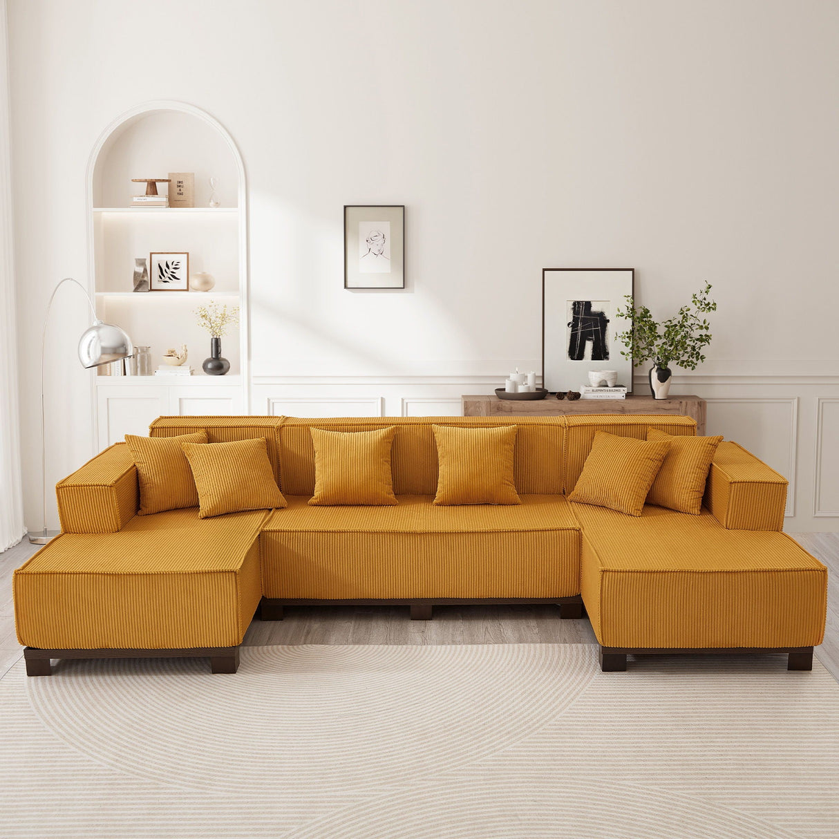 U-Shaped Sectional Sofa With RGB LED Light Strip And 6 Pillows