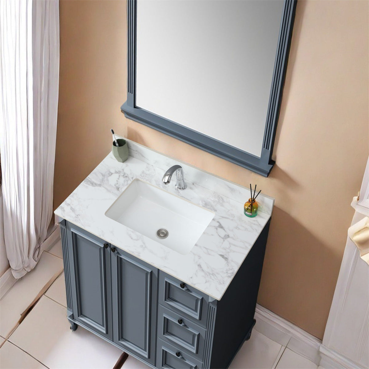 Elegant Bathroom Vanity Top With Rectangular Ceramic Sink And Backsplash