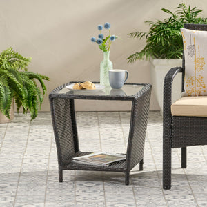 Trenton Outdoor Side Table with Glass Top - Brown Rattan