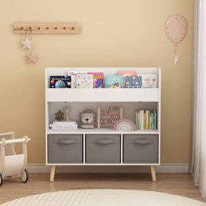 Bookshelf With 3 Bins Storage Shelf for Kids - White