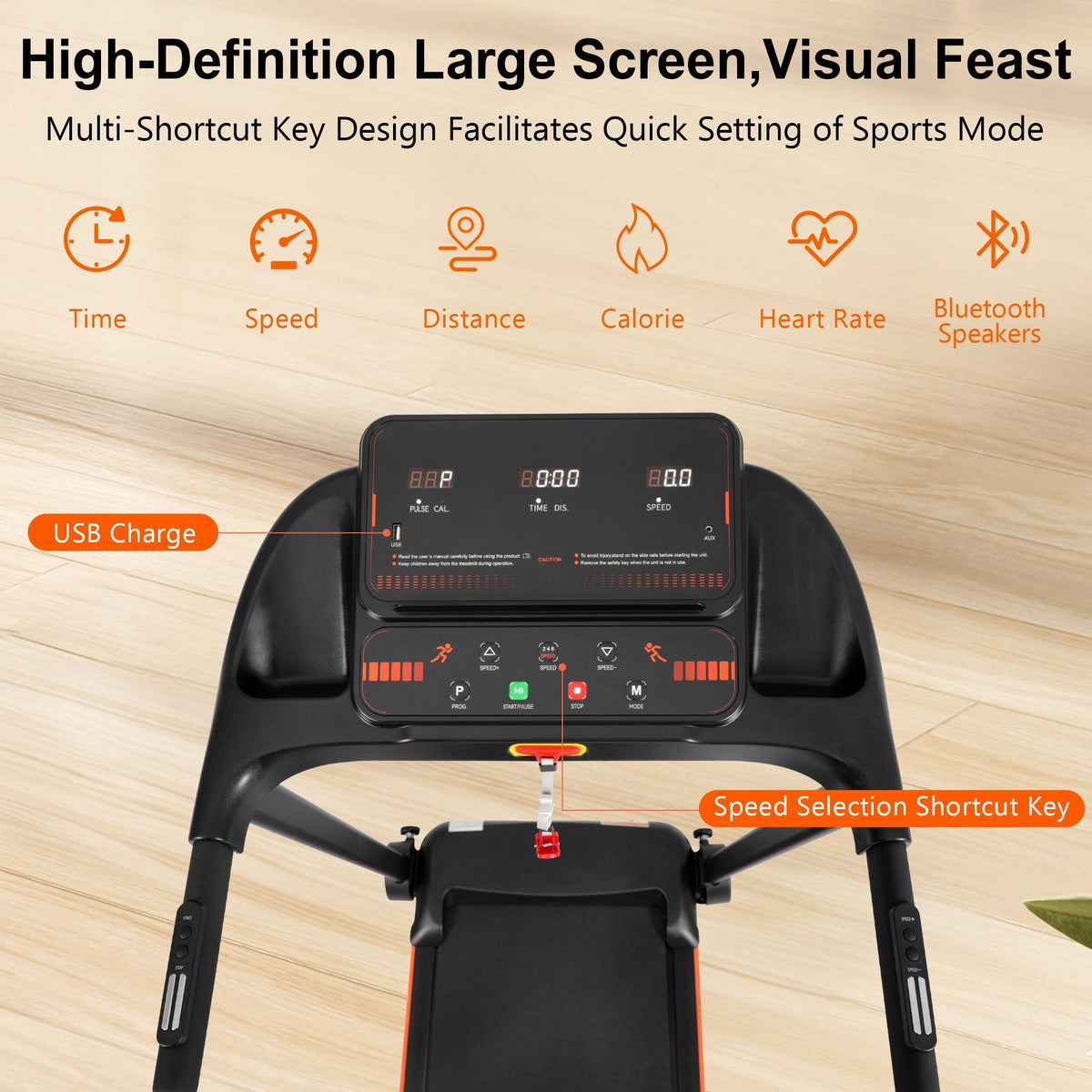 2.5Hp Quiet Folding Treadmill With Heart Rate Sensor, 300Lbs Weight Capacity, With USB Charge Station For Android & Bluetooth Speaker, 6 Shock Absorbing - Black