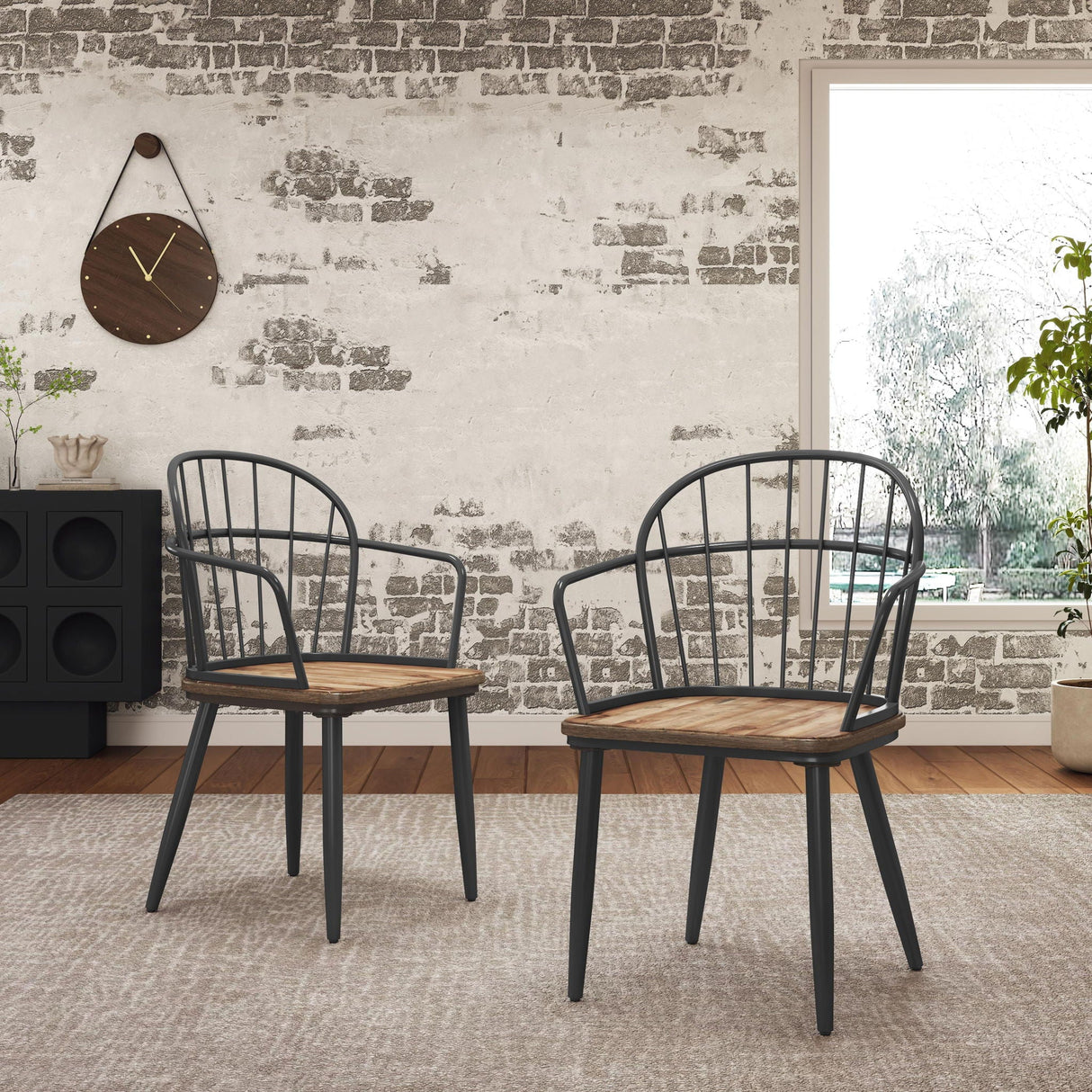 Industrial Inspired Indoor Dining Chair With Metal Legs and Birch (Set of 2) - Black / Natural