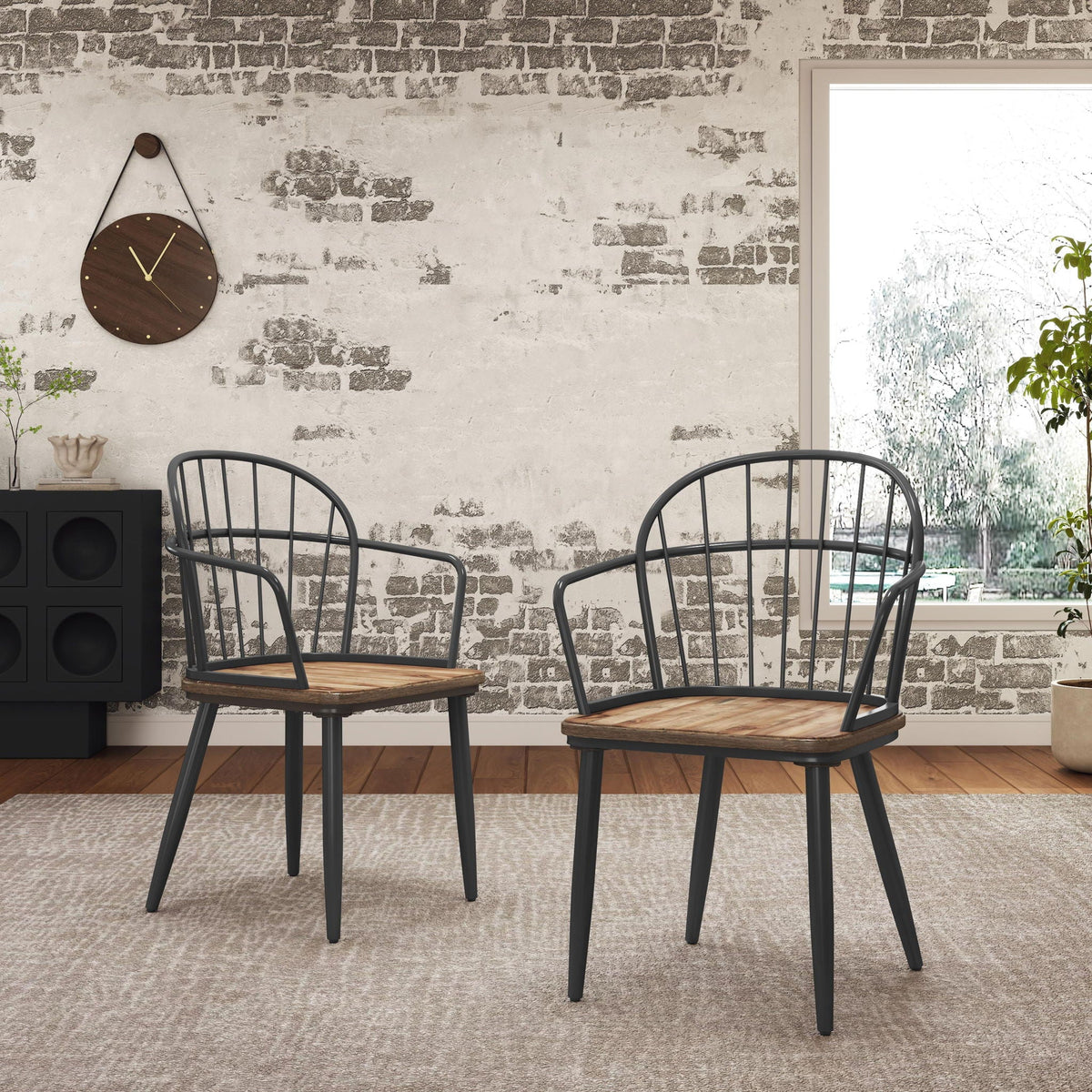 Industrial Inspired Indoor Dining Chair With Metal Legs and Birch (Set of 2) - Black / Natural