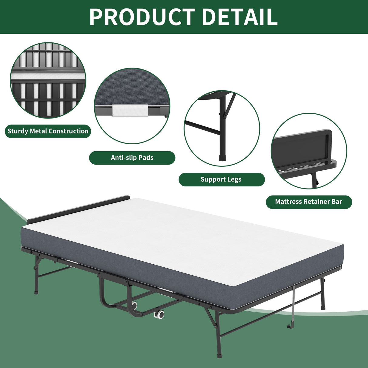 Twin Extra Long Folding Bed With Adjustable Headboard, Cot With Memory Foam Mattress - Black