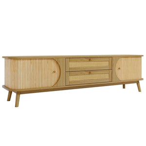 Rattan TV Stand For Tvs Up To 75'', Modern Farmhouse Media Console, Entertainment Center With Legs, TV Cabinet For Living Room, Home Theatre - Natural Wood