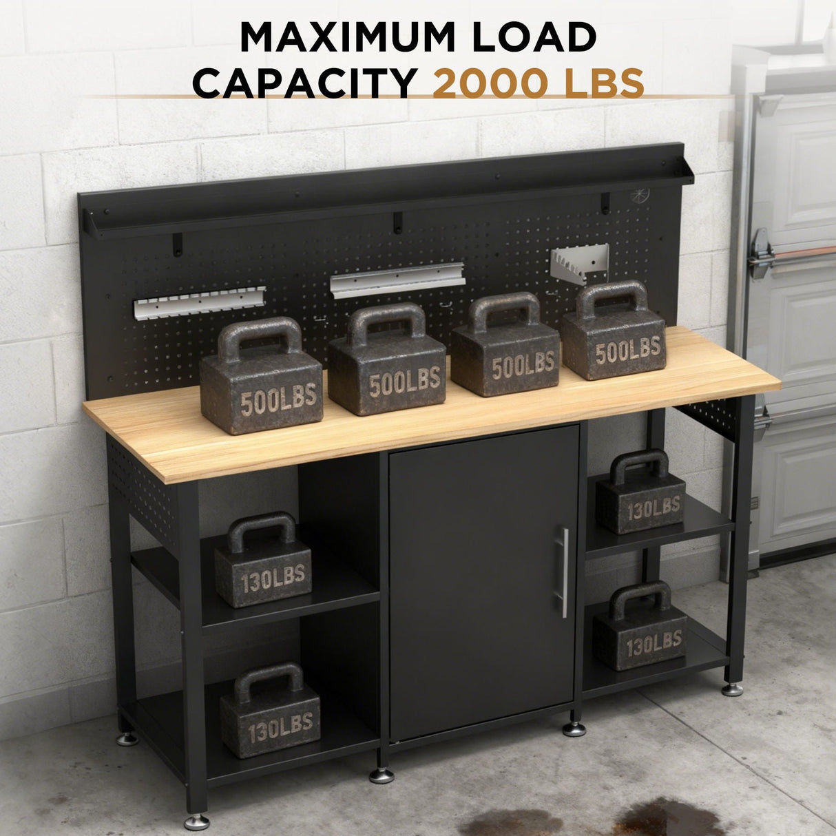 Workbench With Storage Cabinet And Pegboard - Black
