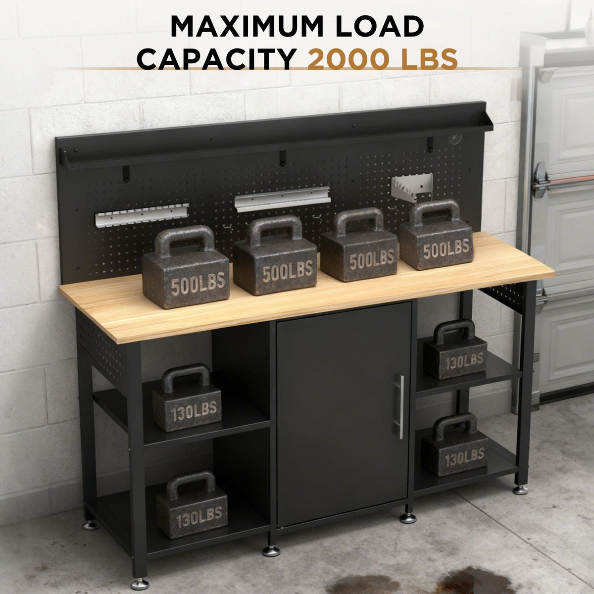 Workbench With Storage Cabinet And Pegboard - Black