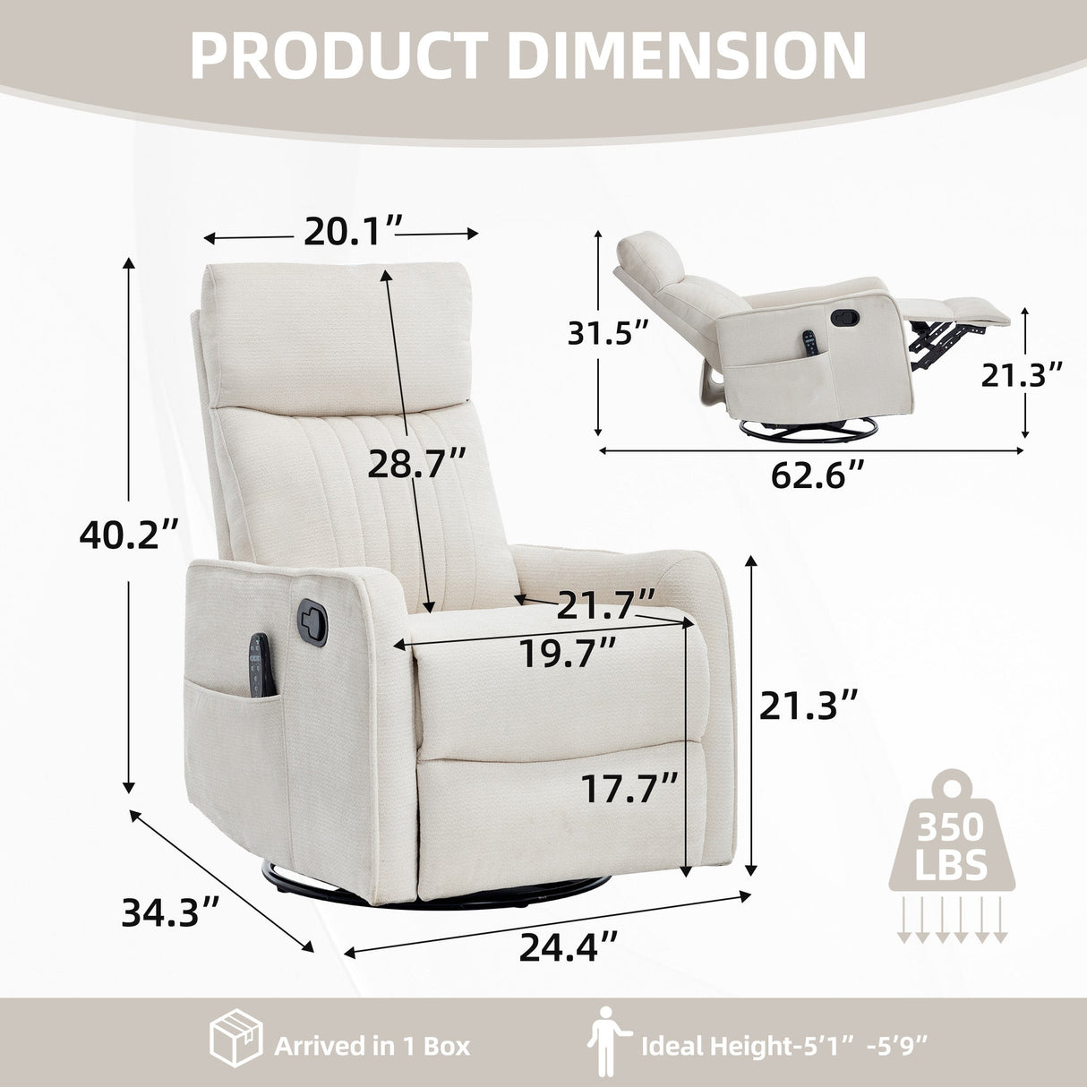 Beige Heat Massage Manual Recliner Chair with Rocker and Swivel