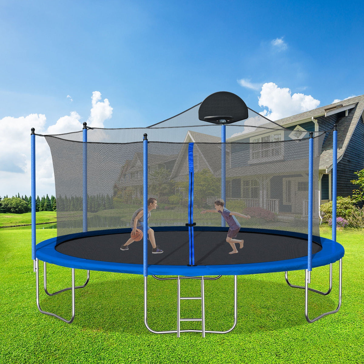 14Ft Trampoline with Safety Enclosure and Basketball Hoop - Blue