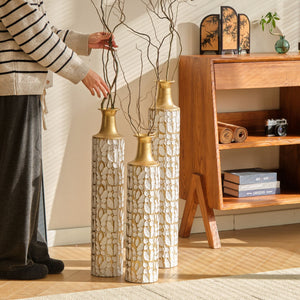 Large Decorative Floor Vases Set of 3 with Antique White & Gold Finish
