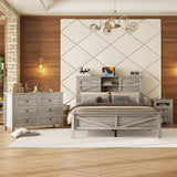 3-Pieces Bedroom Set Queen Size Farmhouse Platform Bed with Storage Headboard and Charging Station