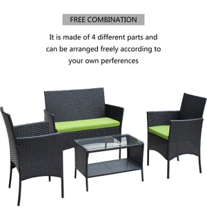 4 PC Rattan Patio Furniture Set Outdoor Cushioned Wicker Sofa Green Cushion