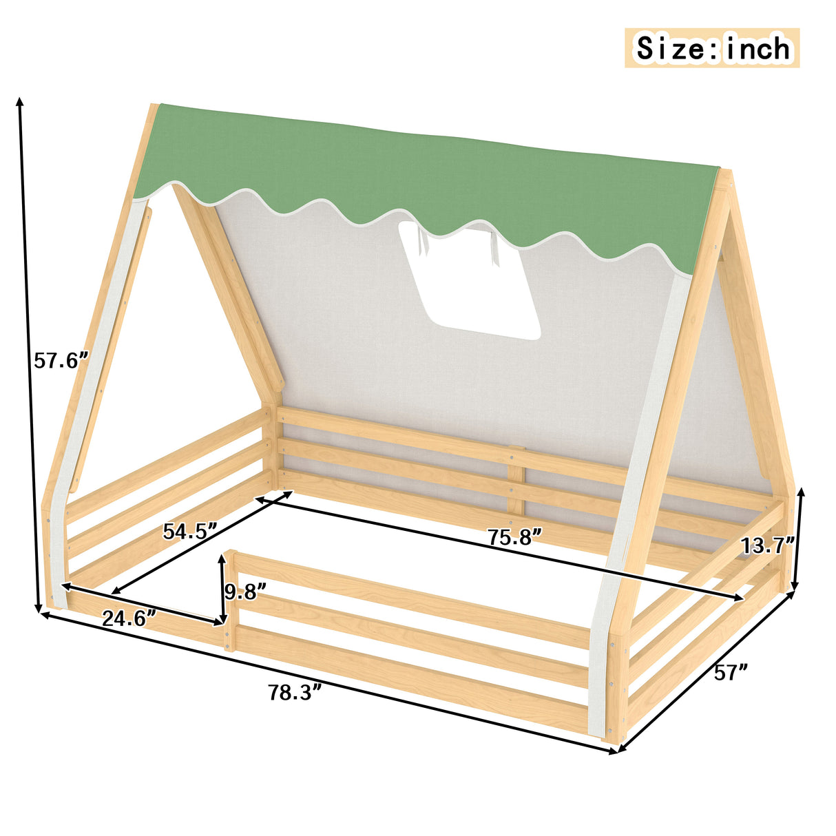 Full Size House Floor Bed with Tent and Light