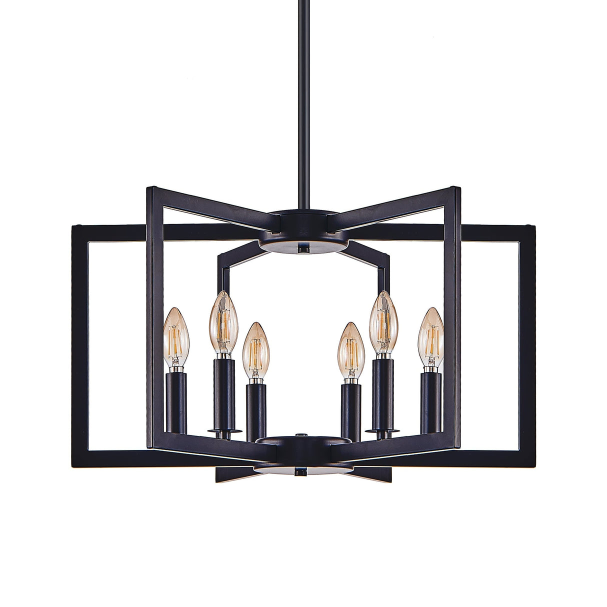 22' Modern Black Geometric 6-Light Chandelier – Industrial Metal Pendant Light Fixture for Living Room, Dining Room, or Kitchen (Bulb Not Included)