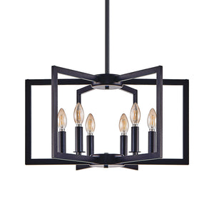 22' Modern Black Geometric 6-Light Chandelier – Industrial Metal Pendant Light Fixture for Living Room, Dining Room, or Kitchen (Bulb Not Included)