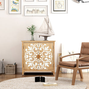 Rustic Wooden Accent Cabinet with Floral Carved Doors