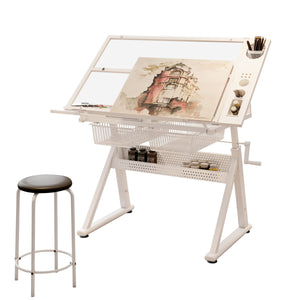 Hand Crank Adjustable Tempered Glass Drafting Table with Chair