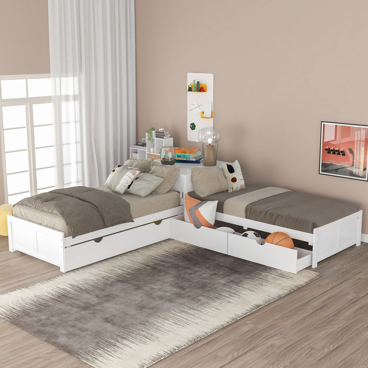 L Shaped Platform Bed With Trundle And Drawers Linked With Built In Desk