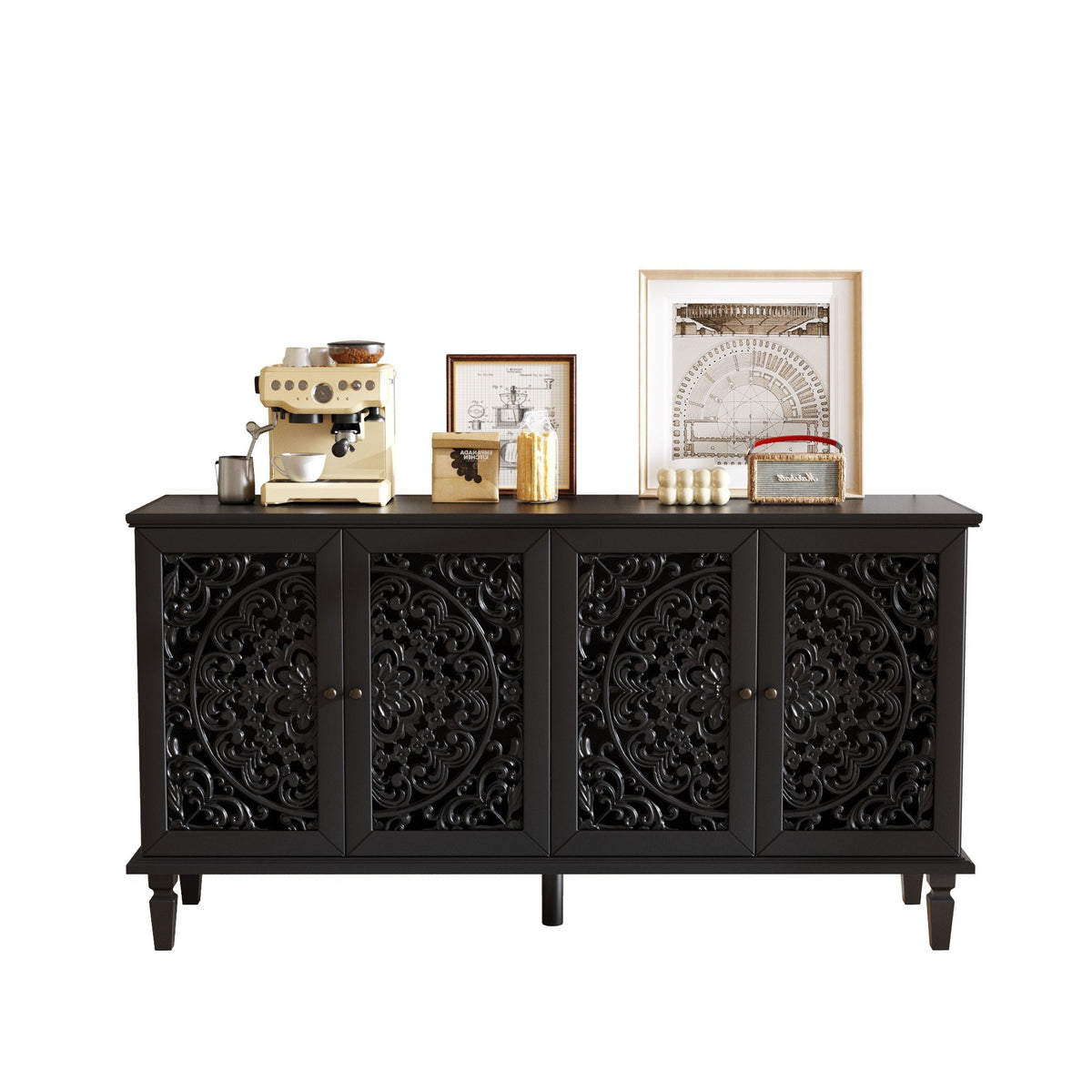 60" Antique Buffet Cabinet with Floral Carvings