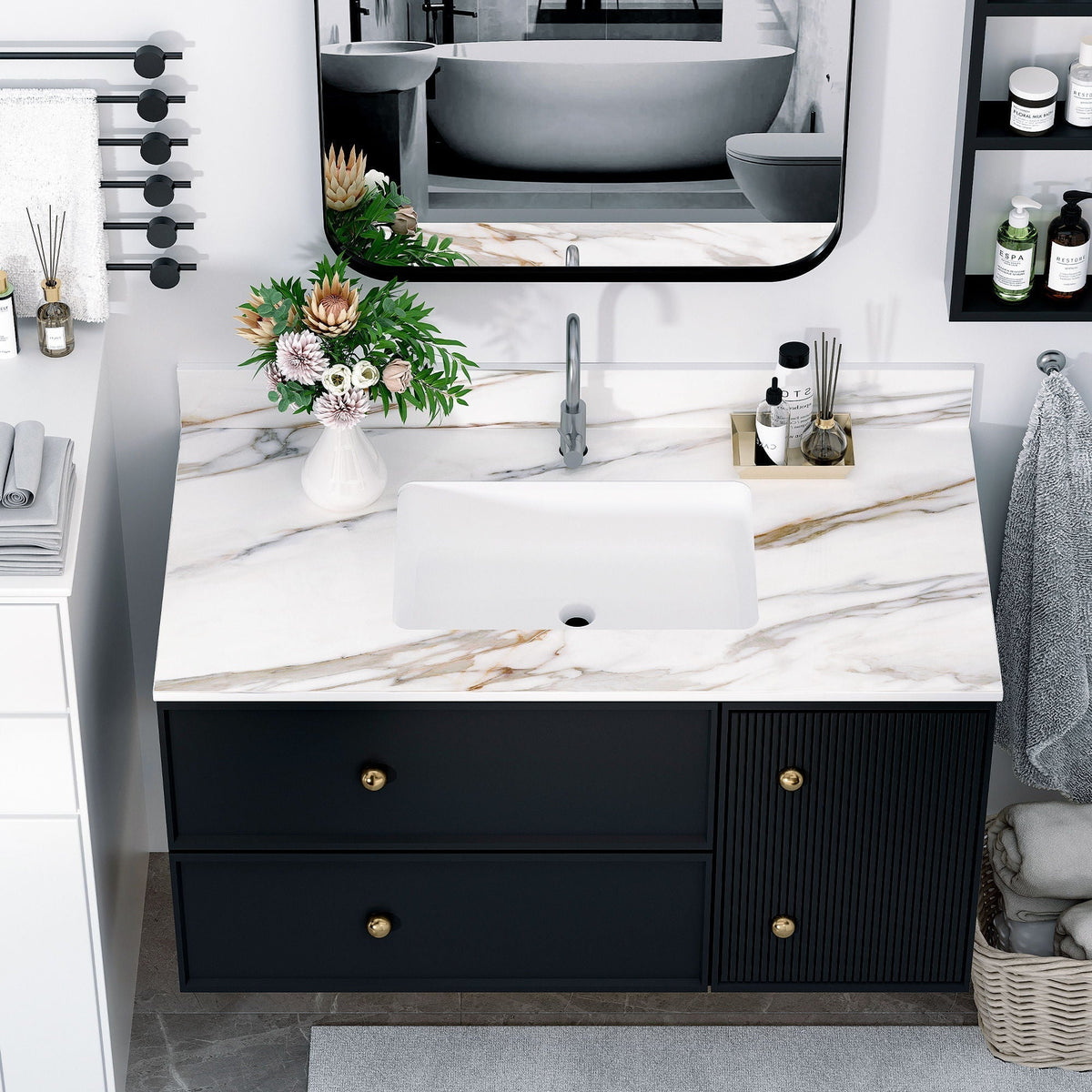 Elegant Vanity Top With Undermount Sink And Backsplash, Sintered Stone