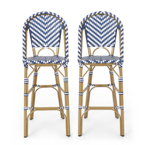 Outdoor Rattan French Barstool Set, Bamboo Finish, Navy Blue / White