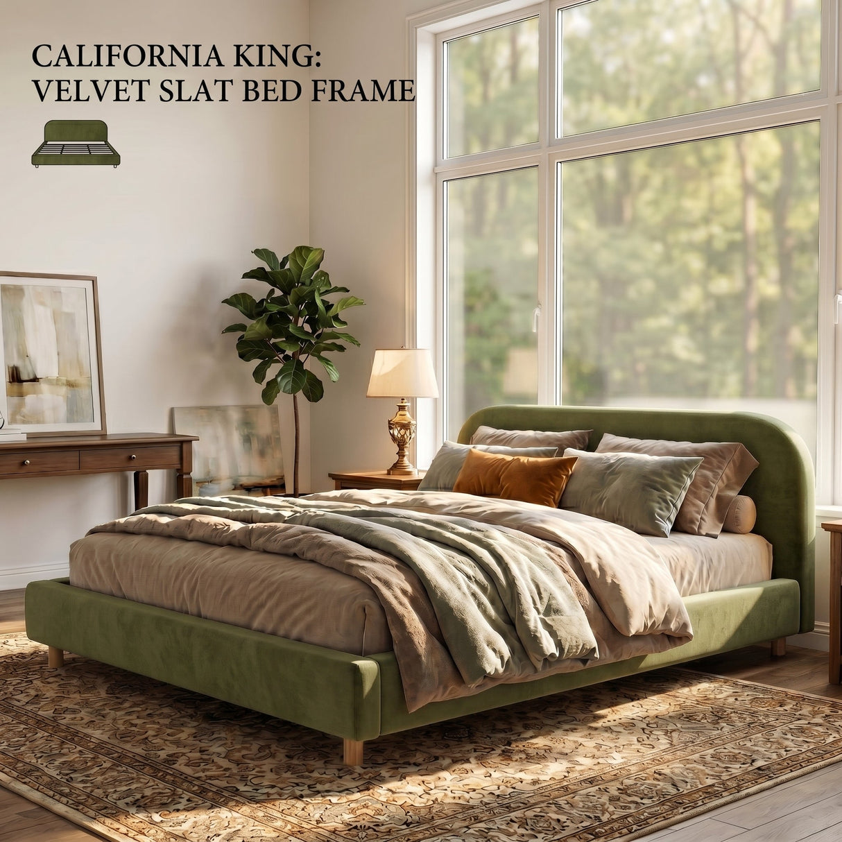 California King Size Upholstered Bed Frame With Velvet Fabric And Curve Design Thick Headboard, Solid Wood Legs, Olive