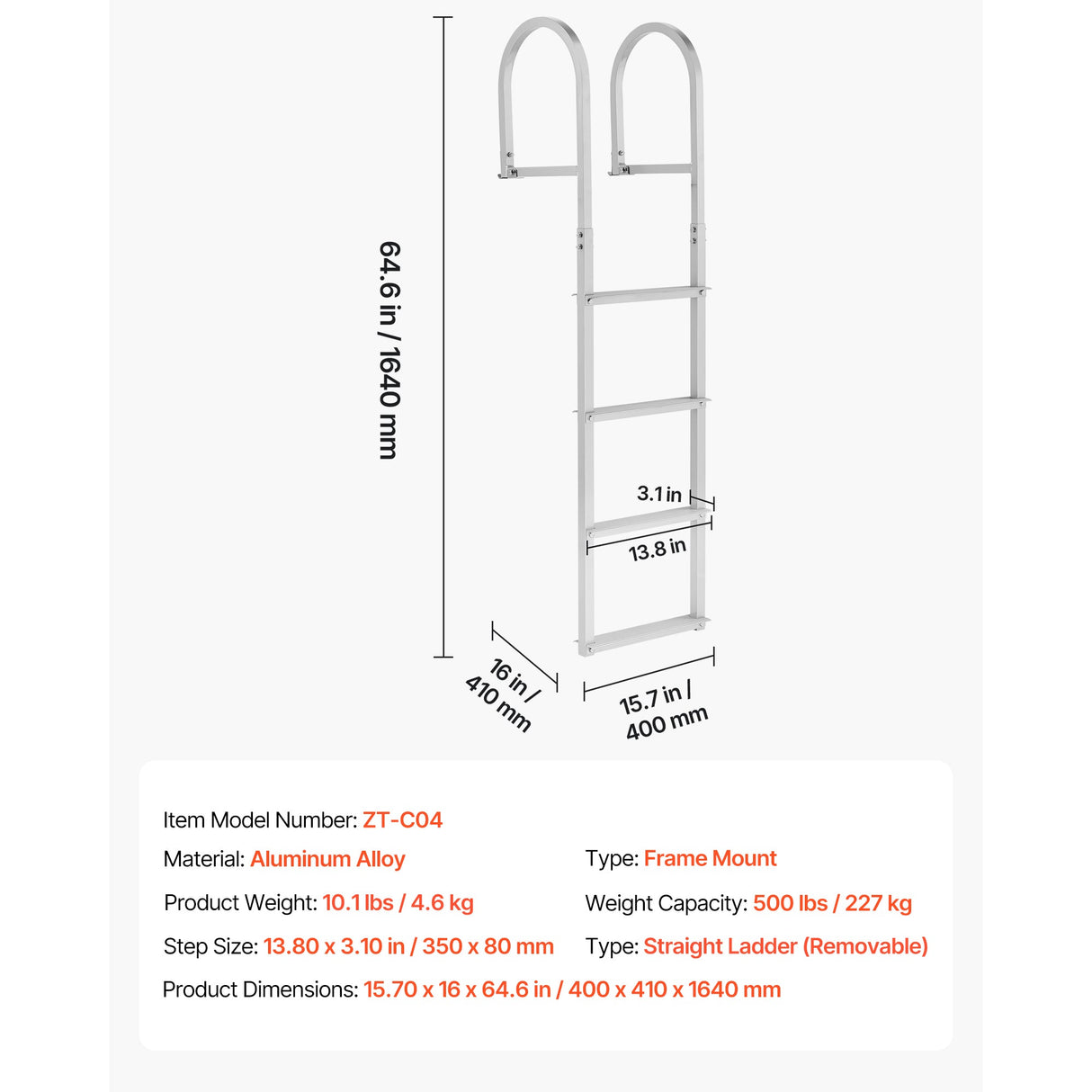 Removable Dock Ladder, 4 Steps, Aluminum Alloy Pontoon Boat Swim Ladder