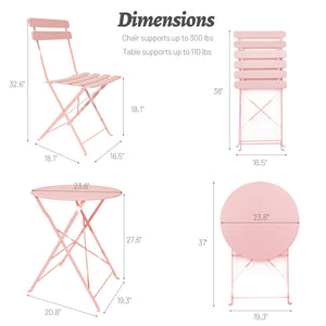 3 Pieces Patio Bistro Balcony Metal Chair Table Set - Pink