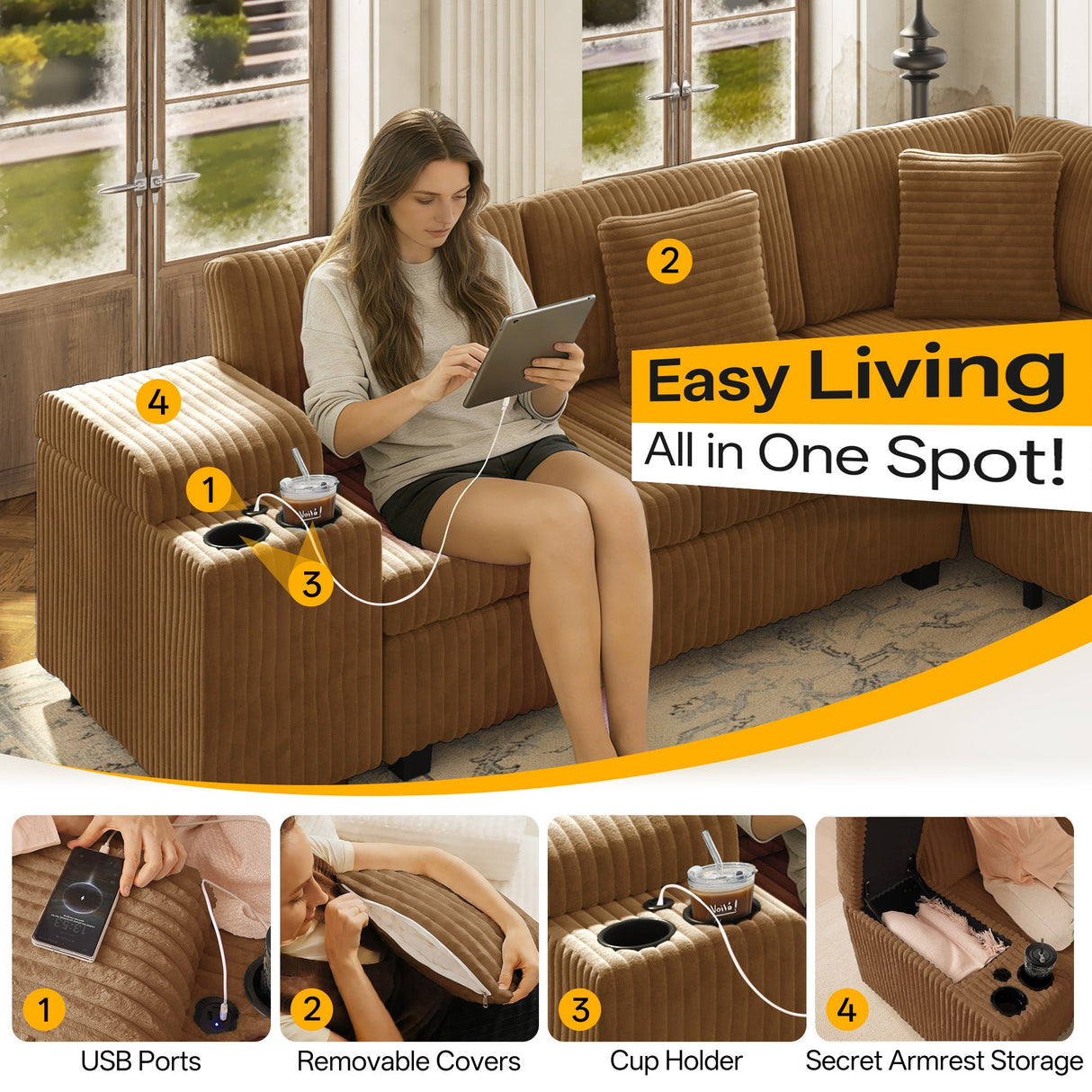 110.2" L-Shaped Sectional Sofa Set with Removable Ottoman in Camel