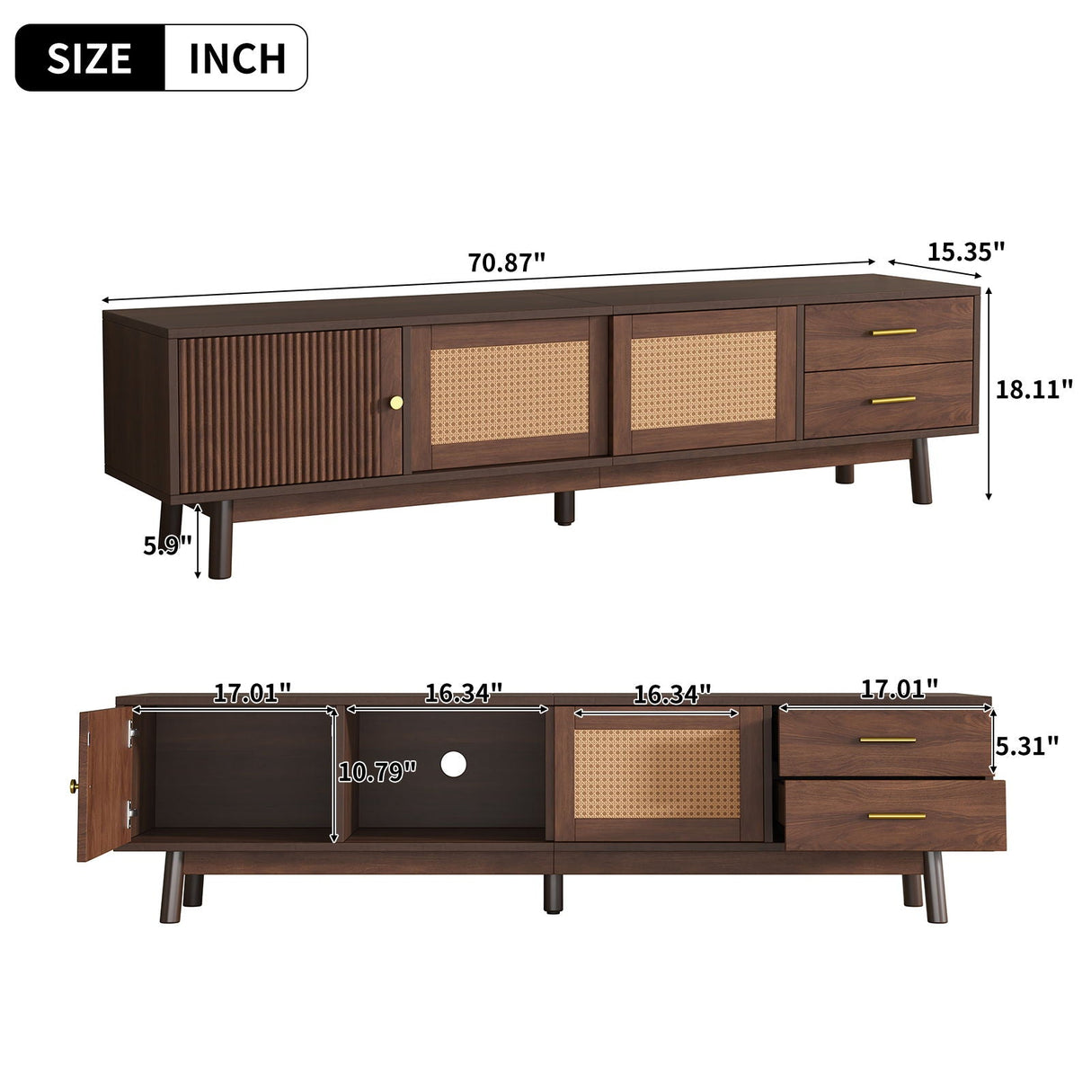 TV Stand for 80" TVs with Sliding Doors and Drawers - Dark Brown